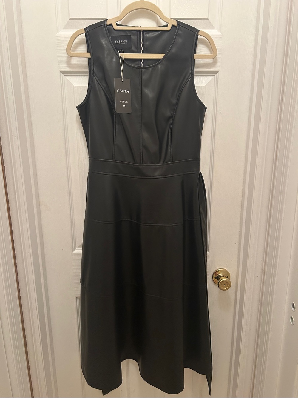 Black Faux Leather Sleeveless Midi Dress with Waist Tie - Picture 6 of 8